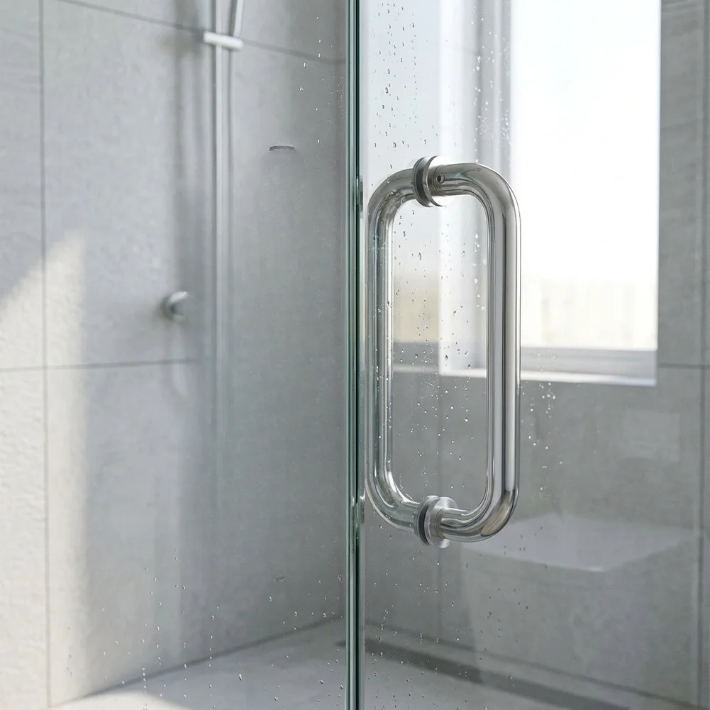Shower Door Pull Handle with High Polished Mirror Finish SUS 304 Steel and Internal Brass Sleeves for Stability