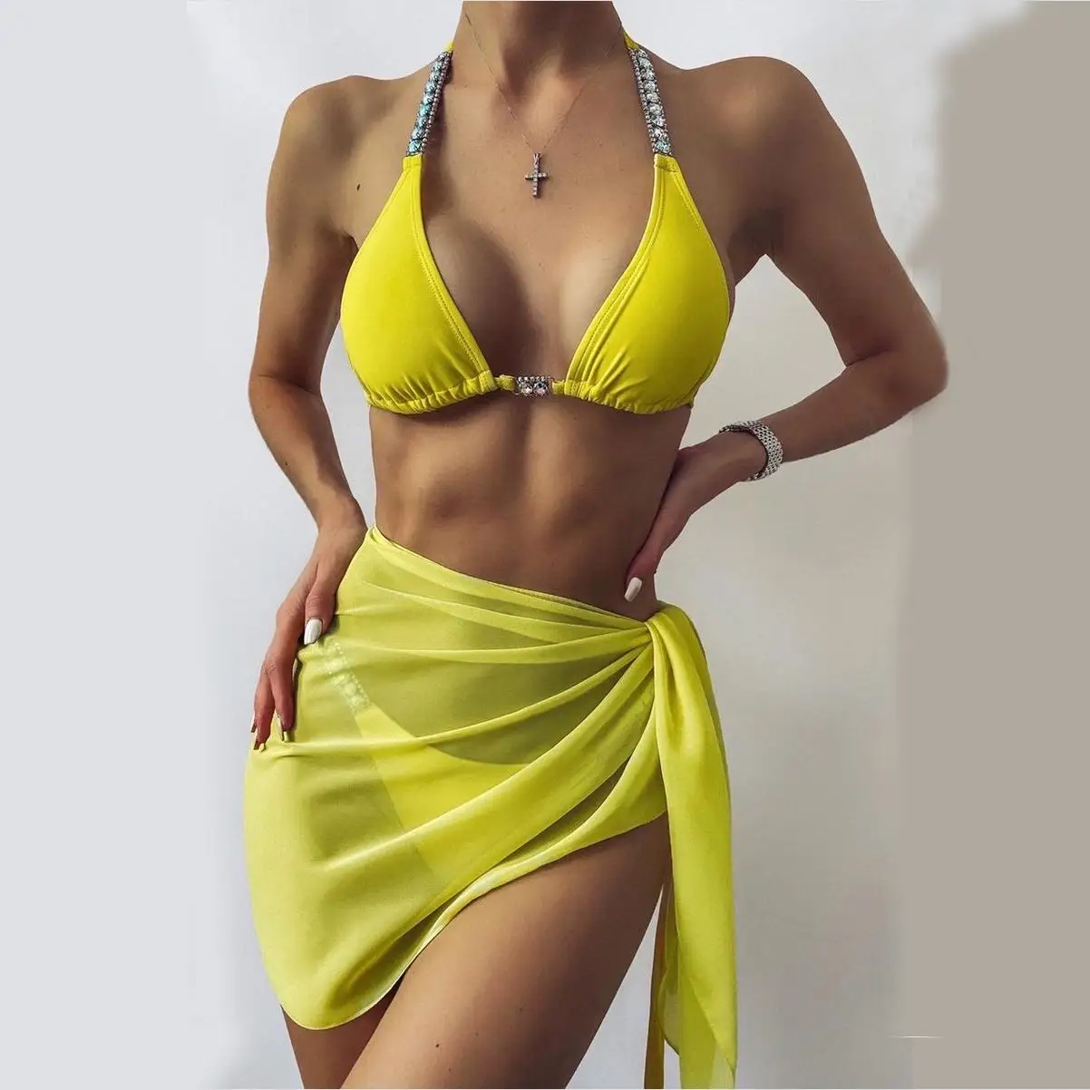 Mais novo verão de luxo strass bandagem beachwear push up sutiã conjunto biquíni moda feminina verão diamante maiô