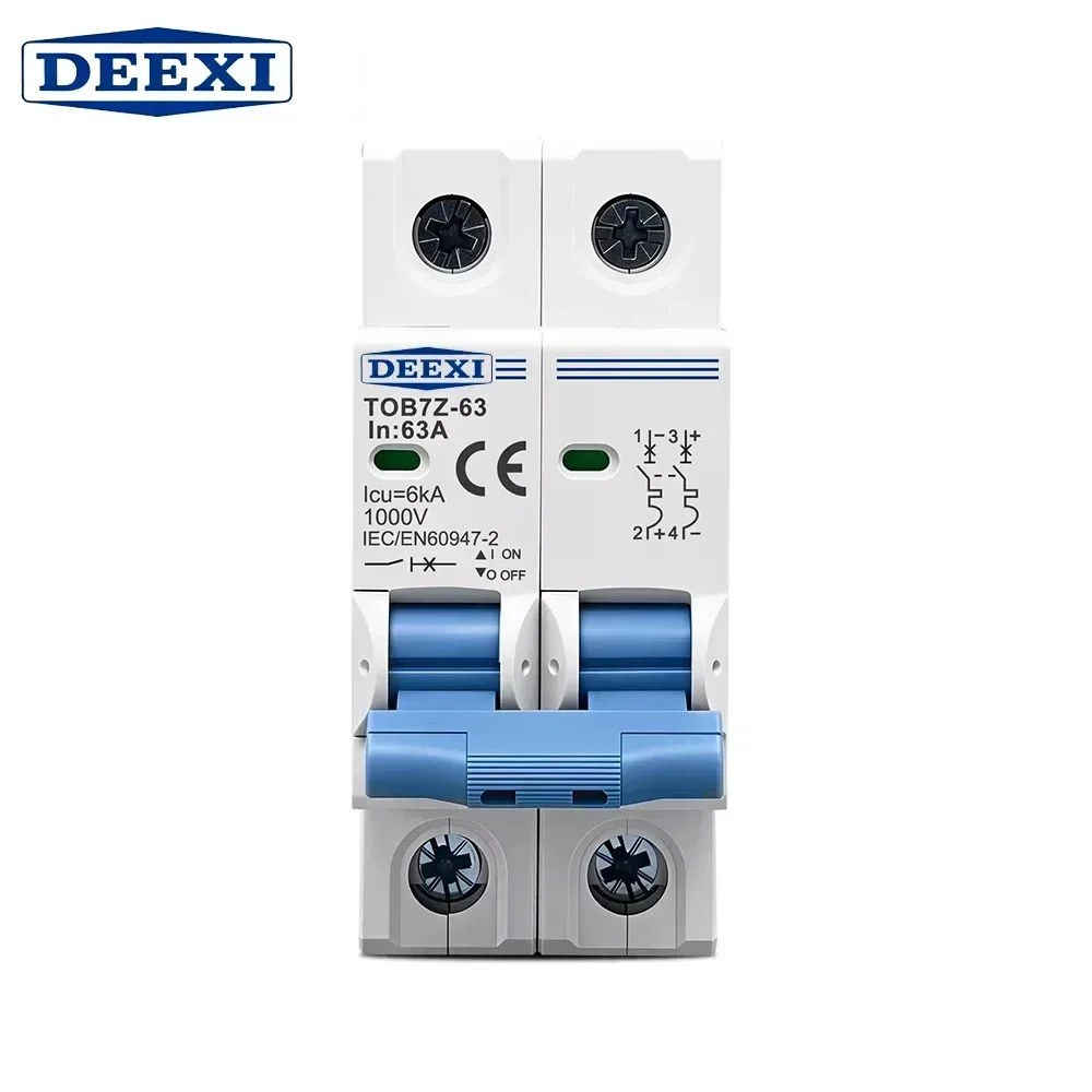 DEEXI TOB7Z 2P DC 1000V Solar Mini-Leistungsschalter 3A 6A 10A 16A 20A 25A 32A 40A 50A 63A DC MCB für PV-Systeme MCB 35mm DIN-Schiene
