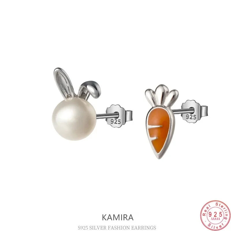 KAMIRA 925 Sterling Silver Rabbit Pearl Carrot Asymmetrical Stud Earrings Cute Animal Jewelry for Women