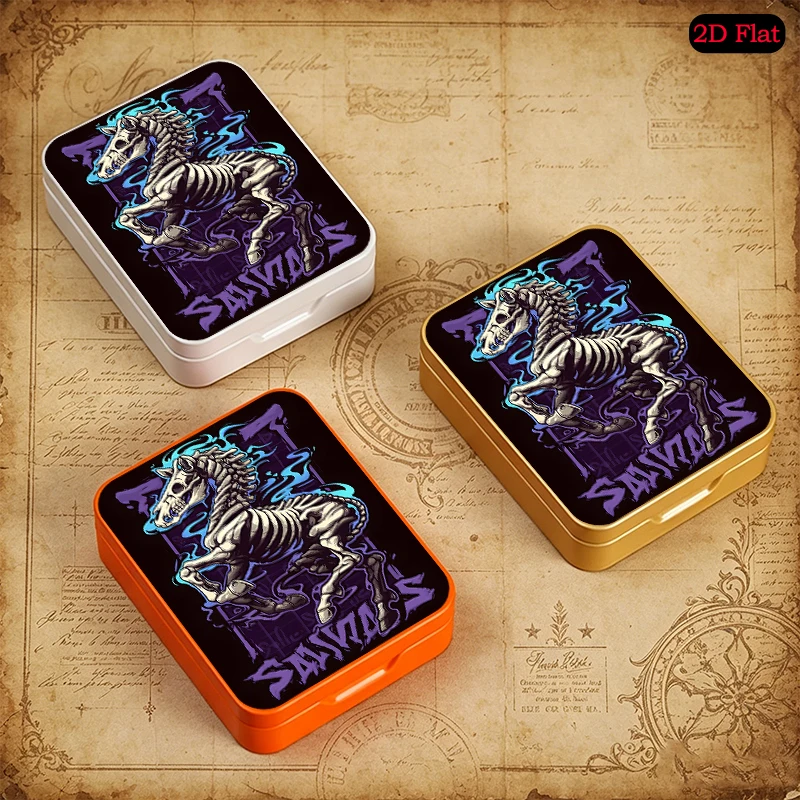 Skeleton Horse Tattoo Theme Mini Pocket Flip Top Square Tin Box, UV Printed Portable Metal Tin Box, Small Object Storage