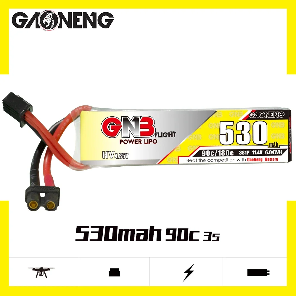 

GAONENG GNB 530mAh HV 3S 90C 180C 11.4V XT30 LiPo Battery Beta75X Cine Whoop Mini Micro FPV 1.6 to 2 inches