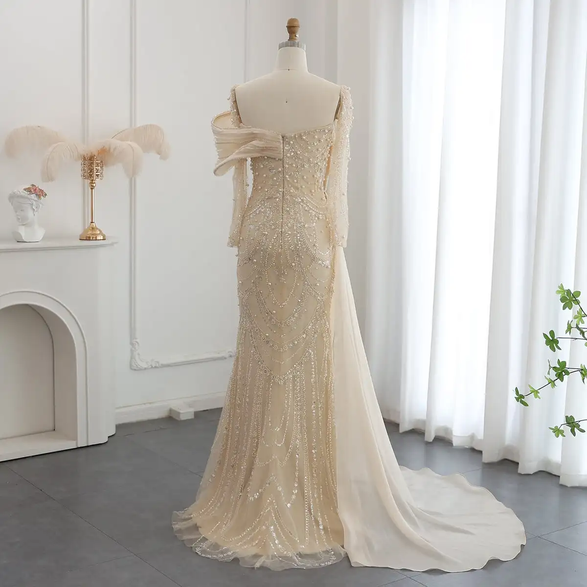 Saudi Arabia Luxury Evening Dresses Jersey Mermaid/Trumpet Celebrity Gown Ivory Off-the-shoulder Pearls Beading Prom Dress Long image 2