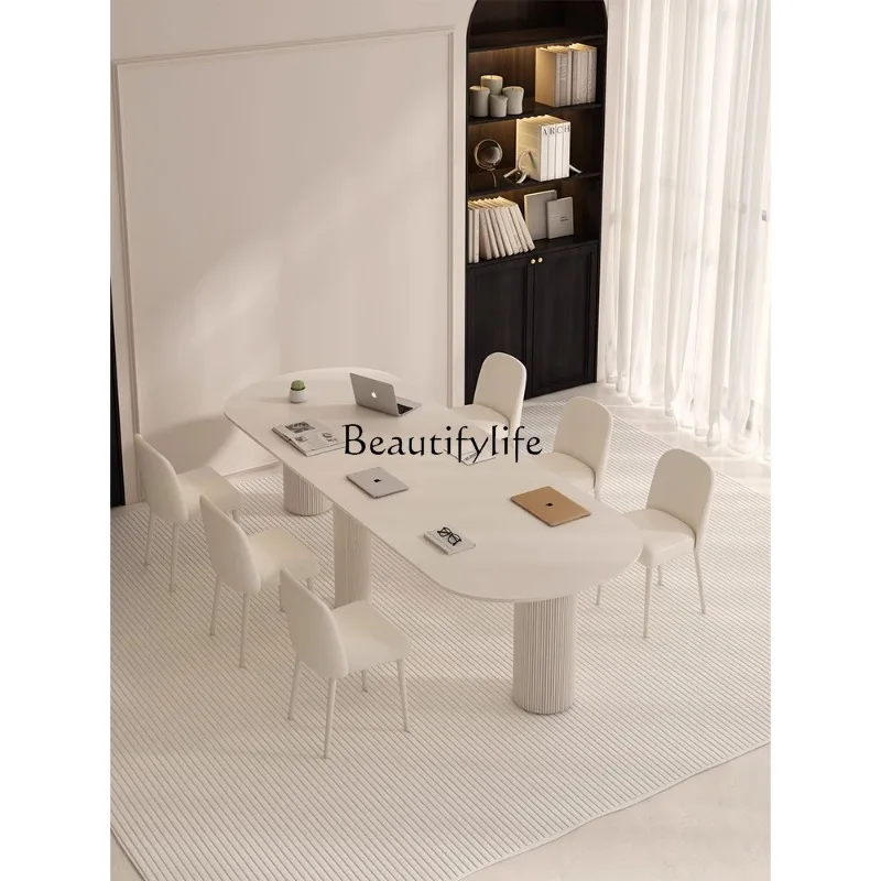 Cream Style Stone Plate Conference Table Long Table Large Office Business Negotiation Workbench