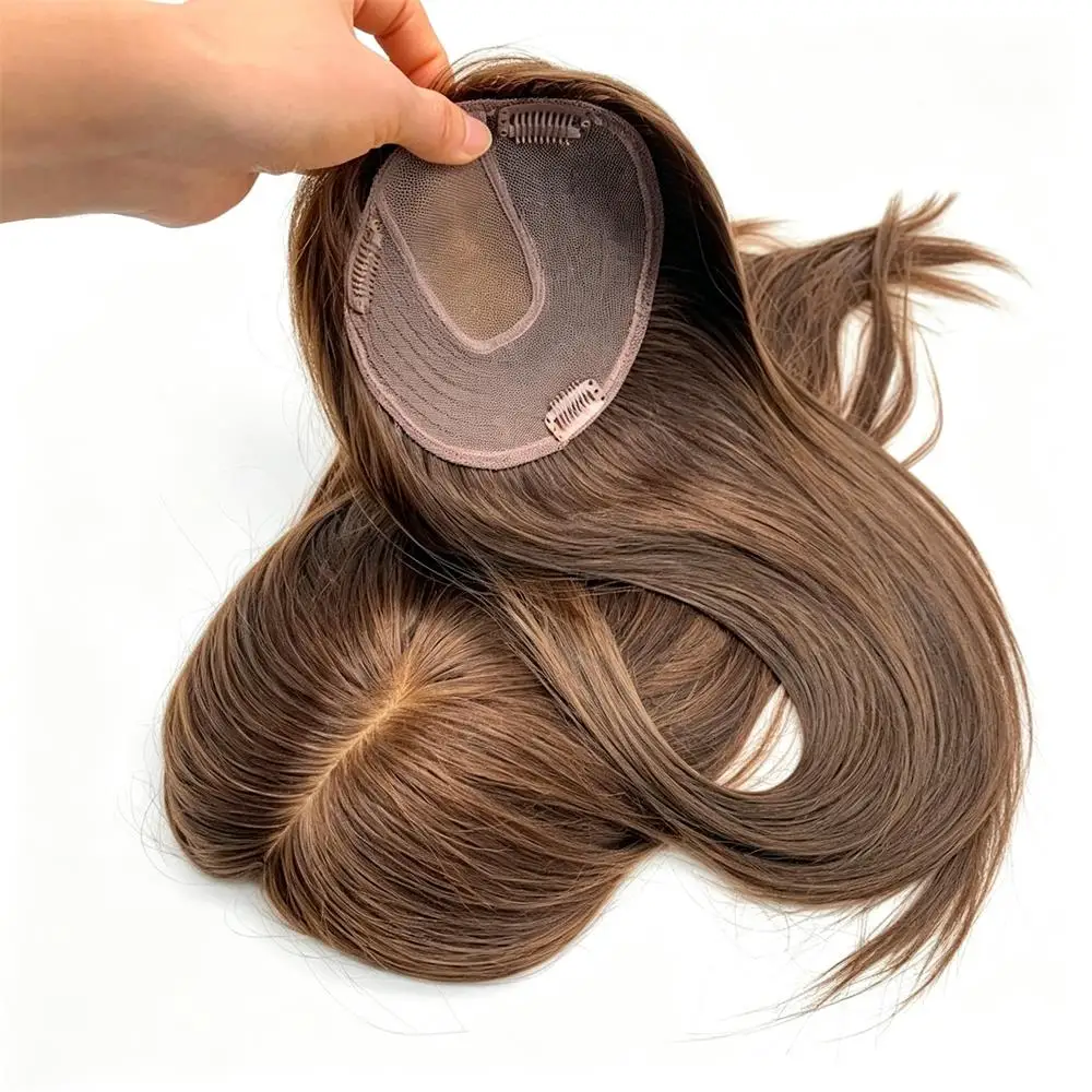 Women Toupee Silk Base Topper Clip In Real Human Hair Wigs Hairpiece With Bangs Straight Hair Toppers For Women Hair Extensions