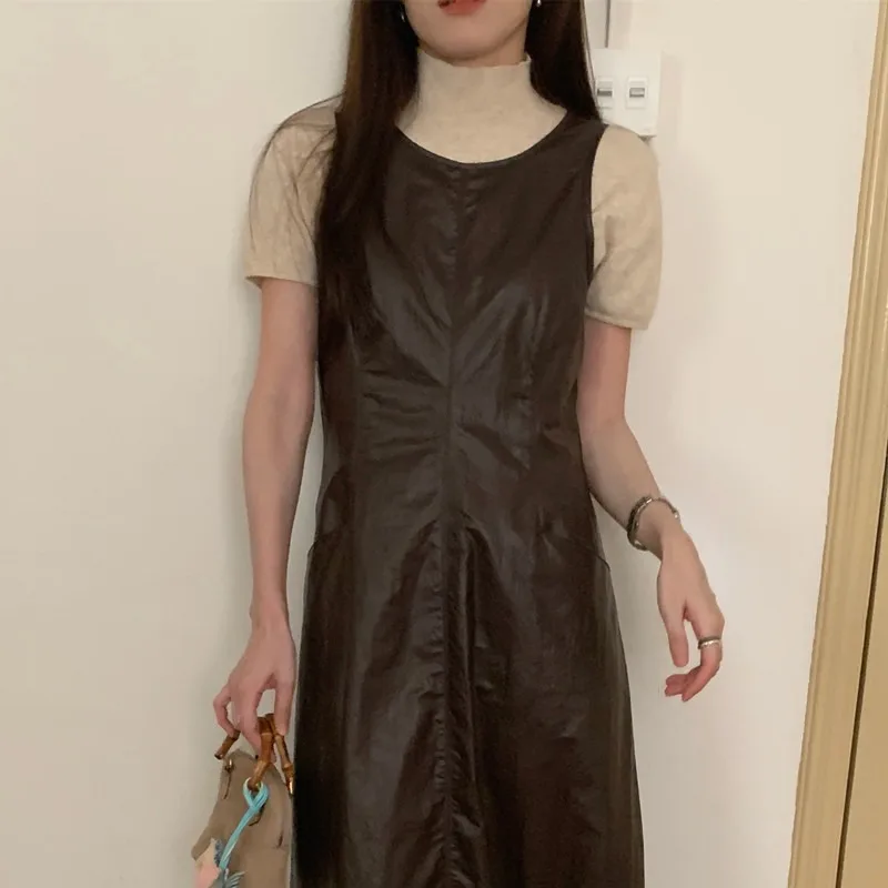 Robe longue débardeur en cuir pour femmes, Style français, Vintage, sans manches, coupe cintrée, ligne a, mi-longue, printemps