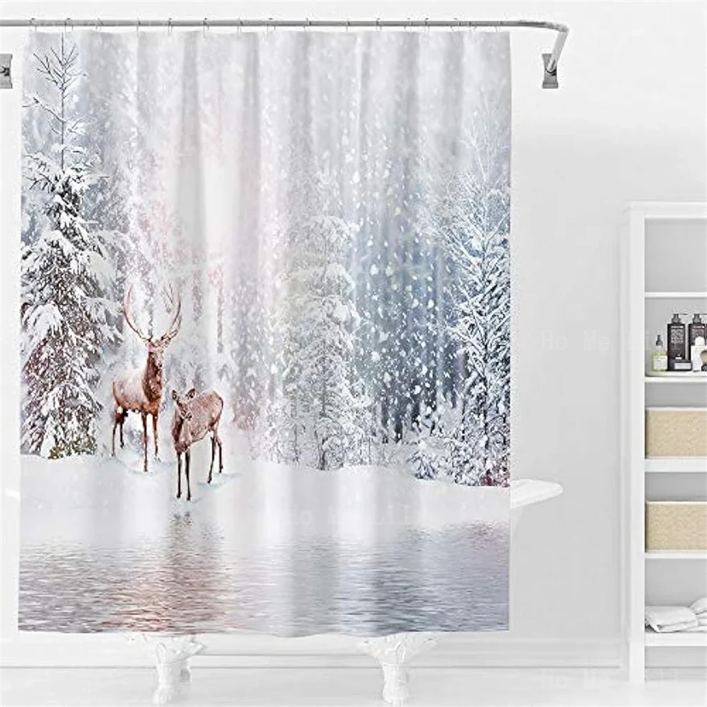 Nature Forest Snowy Scenery Deer Western Town At Night In New World Winter Theme Merry Christmas Shower Curtain