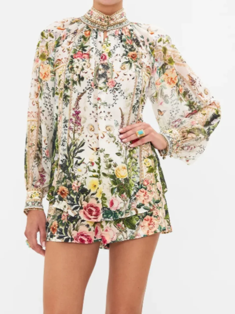 Women Floral Printed Set 100% Silk Single Breasted Stand Collar Long Sleeve Blouse or Lace-up High Waist Shorts