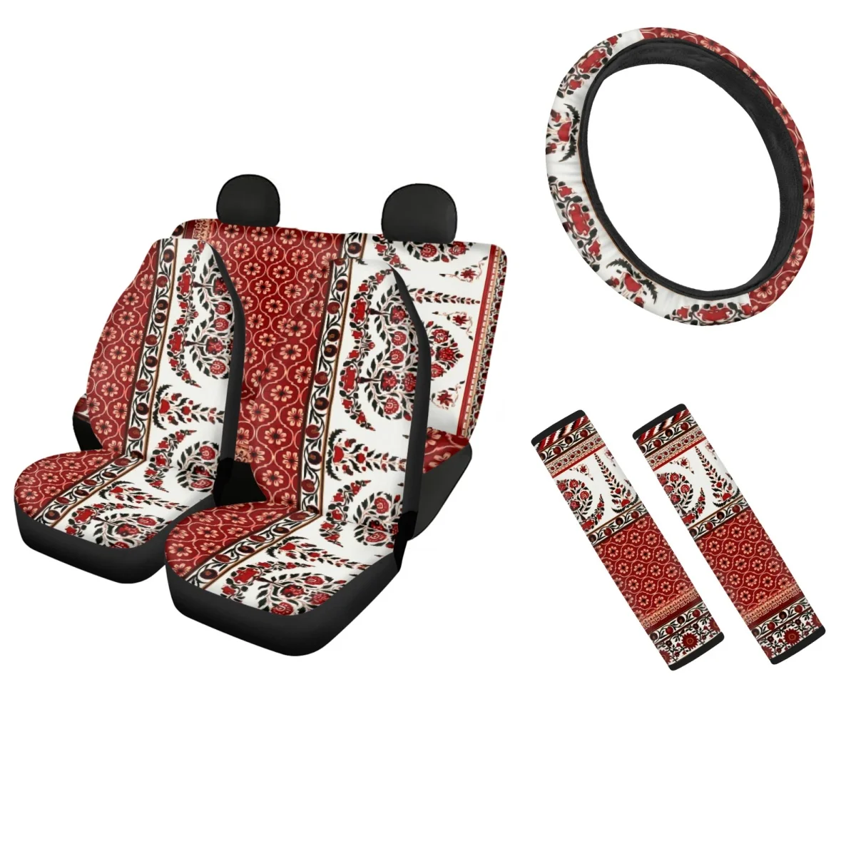 Front/Back Car Seat Covers African Tribal Pattern Easy to Install Slip-Resistant Automotive Seat Belt Pads and Steering Wheel