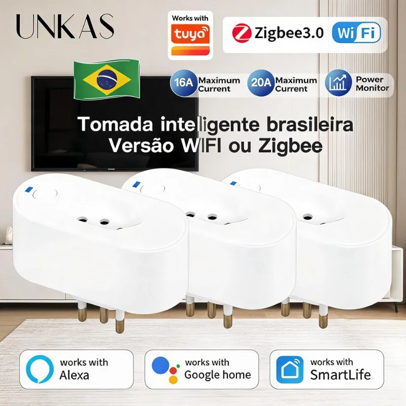 Tomada Inteligente UNKAS (Padrão Brasil) com Monitor de Energia, Compatível com Tuya WIFI ou Zigbee 16A/20A, Controle por Voz com Google Home e Alexa