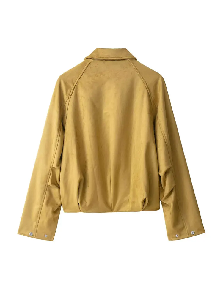 Moda feminina camurça falsa jaqueta bomber casaco manga longa zíper frontal feminino outerwear chiques topos