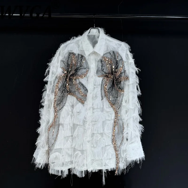 

WVGA Spring Autumn New Man Original Design Feather Tassel Floral Embroidered Long Sleeve Shirt Niche Chiic Casual Top Ins W21351