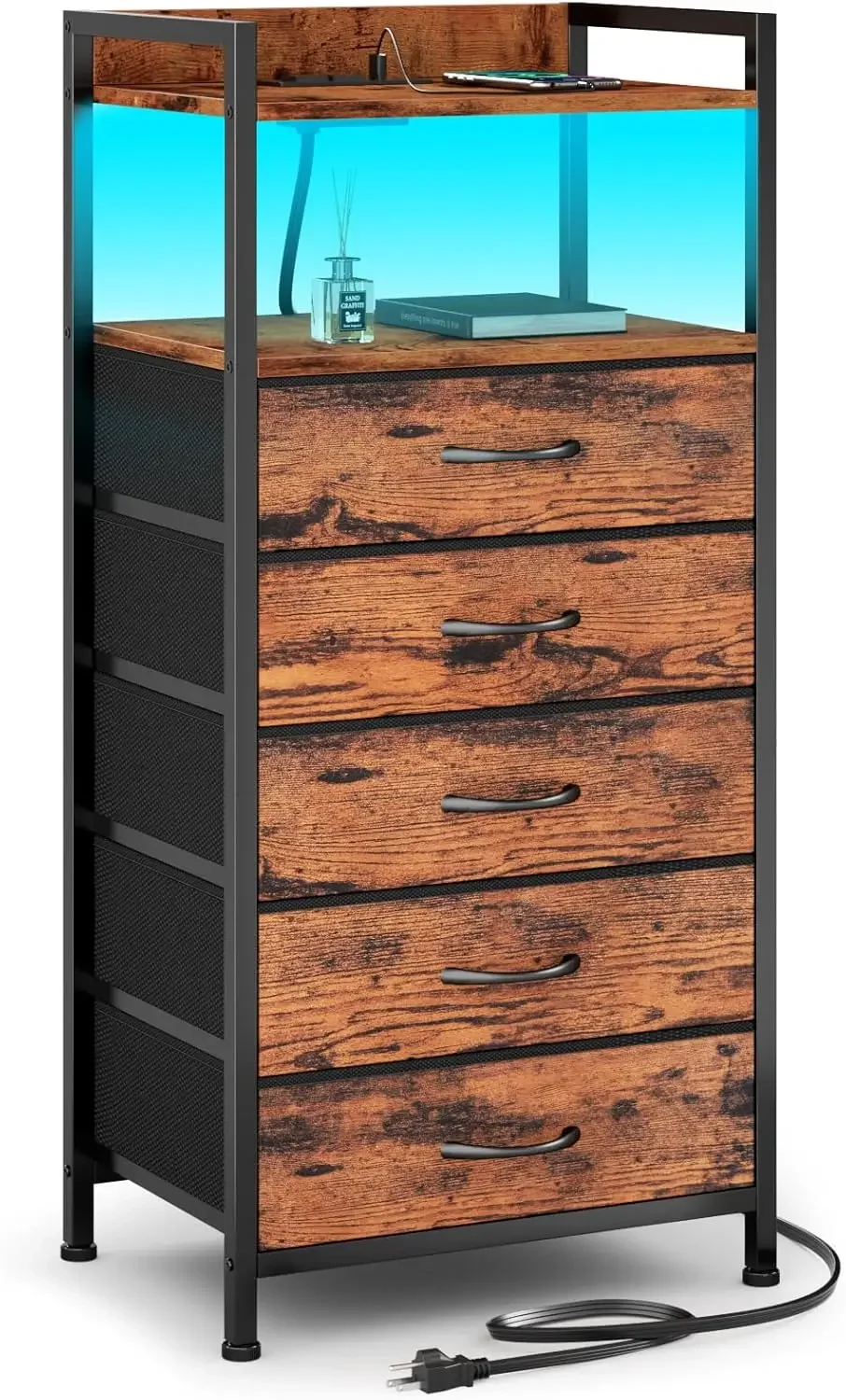 5 Drawer Dresser for Bedroom Tall Nightstand with Led Light and Charging Station Small Night Stand Bedside Table Fabric Bins