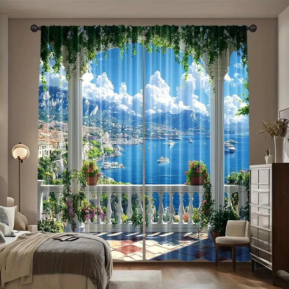 2PCS Digital Printed Curtains, Balcony Ocean View Coastal Seaside Scene, Window Curtains for Living Room Bedroom Home Decoration