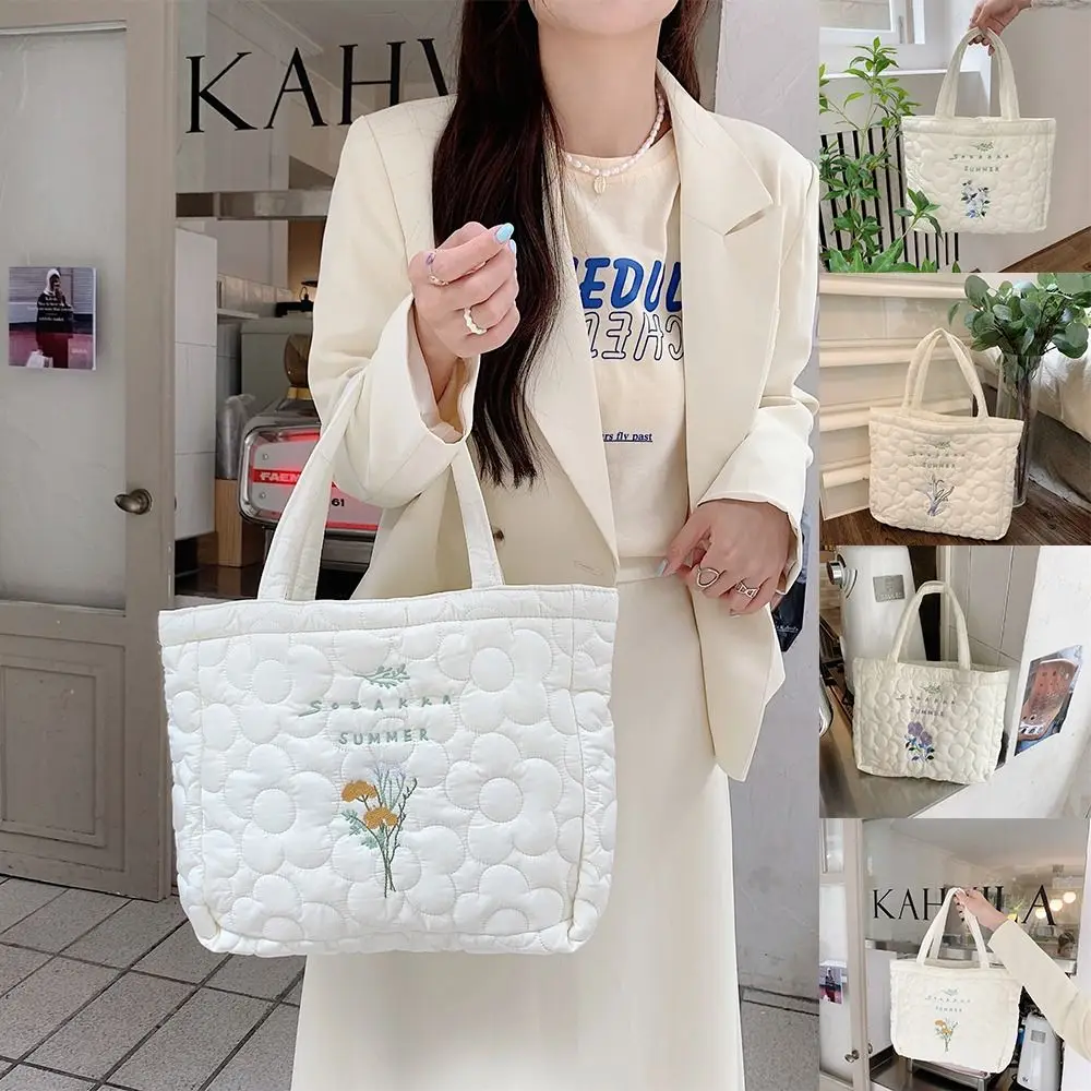 Large Capacity Fresh Flower Embroidery Handbag Storage Bag Solid Color INS Korean Style Tote Bag Shoulder Bag Polyester Girls