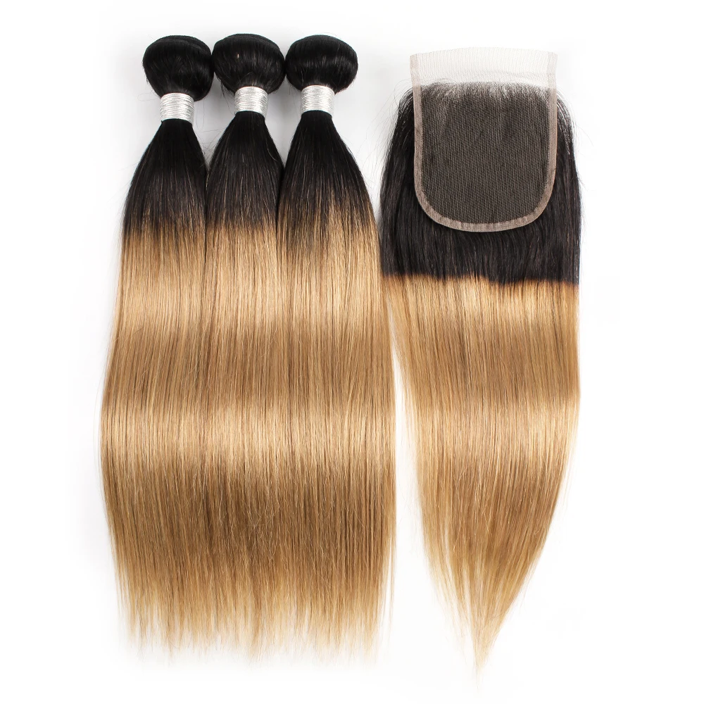 Gemlong T1B27 Ombre Color 3 Bundles With 4*4 Lace Closure Honey Blonde With Dark Roots Remy Brazilian Human Hair Extension