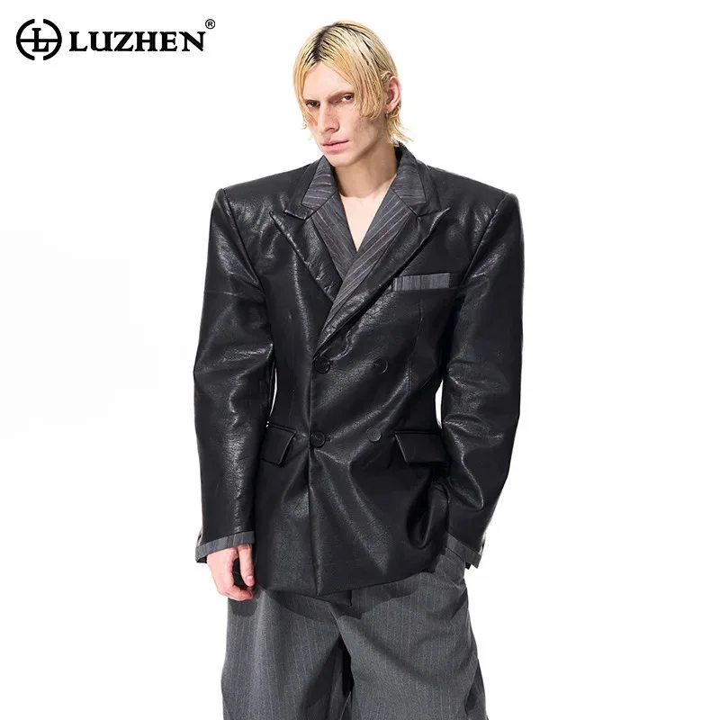 

LUZHEN Original Fake Two Piece Design Double Layer Patchwork Leather Blazer Jacket Men's 2025 New Luxury Handsome Coat JY4890