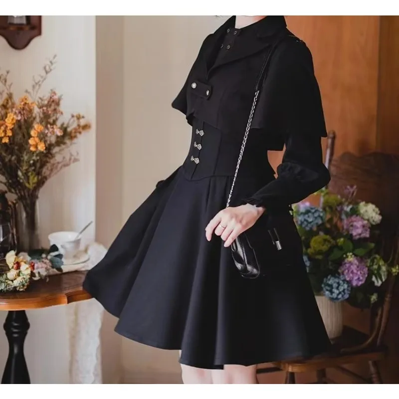 Women Gothic Y2K 3 Piece Set Long Sleeve Shirt Shawl Coat Slim Strap Dress Autumn Dark Outfit