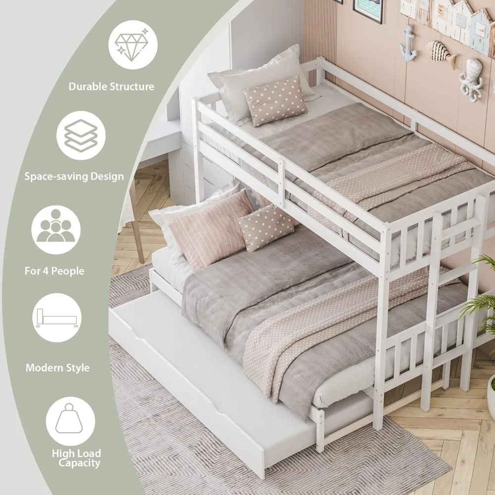 Pull-Out Bunk Bed with Trundle, Twin Over Bed with Ladder & Safety Rails for Kids, Adults, Detachable Solid Wood Bunk Beds