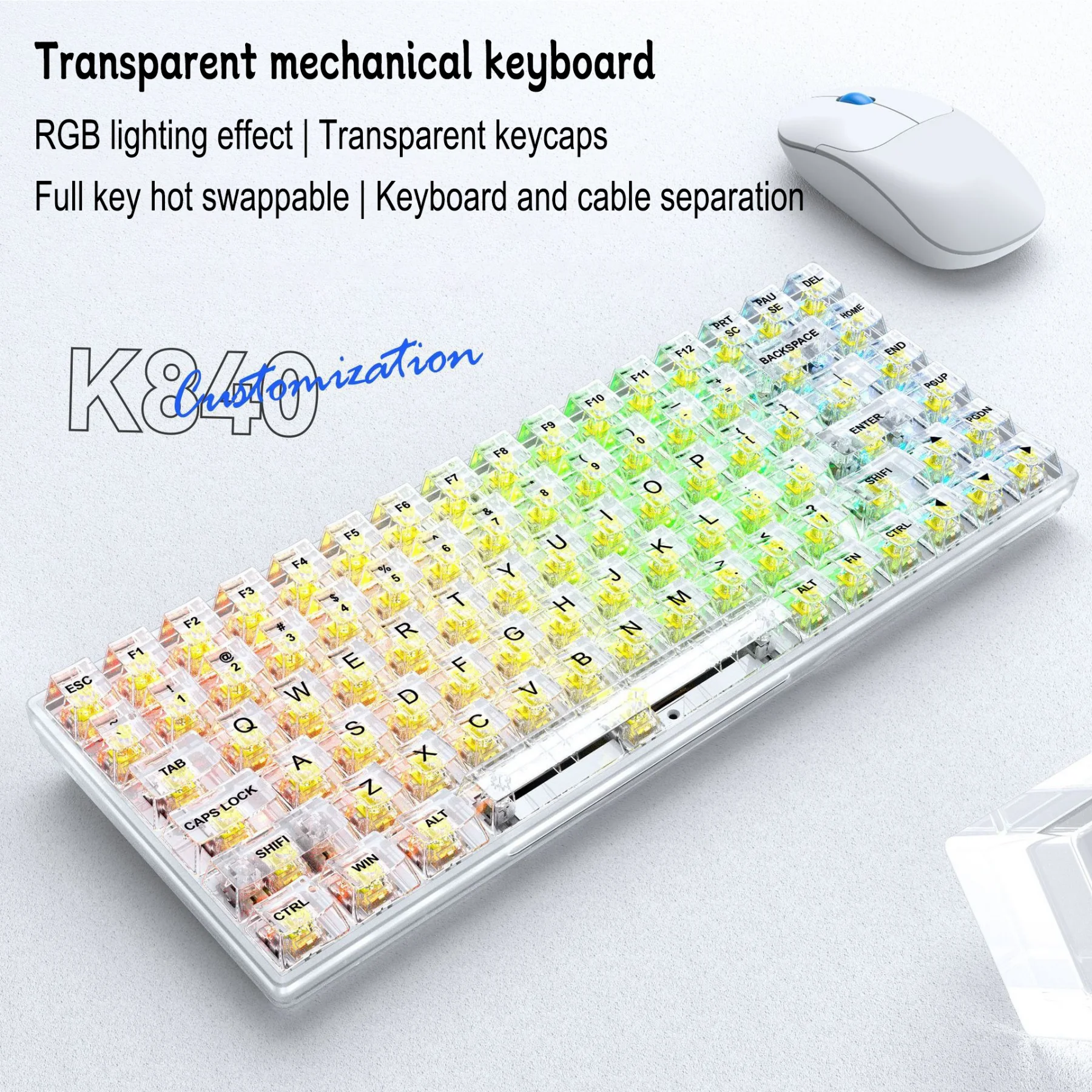

Transparent Mechanical Keyboard Multiple RGB Backlight Hot swappable Gaming Keyboard Crystal keycaps For PC Laptops 84Keys Wired