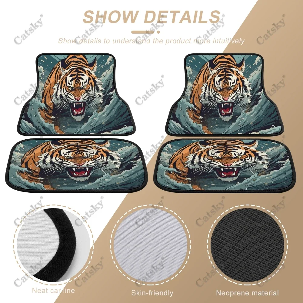 Fighting Asian Tattoo Tigers Car Floor Mat Vintage Carpet Anti-Slip Rubber Mat Pack of 4 Auto Accessiores for Car SUV Van