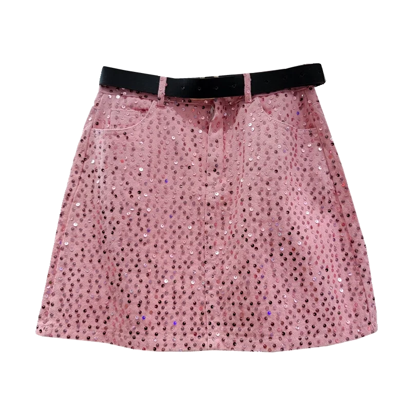 

Sequined Pink Jean Skirt Women's 2024 Summer New Korean Style Slimming A- Line Denim Skirts Street Faldas