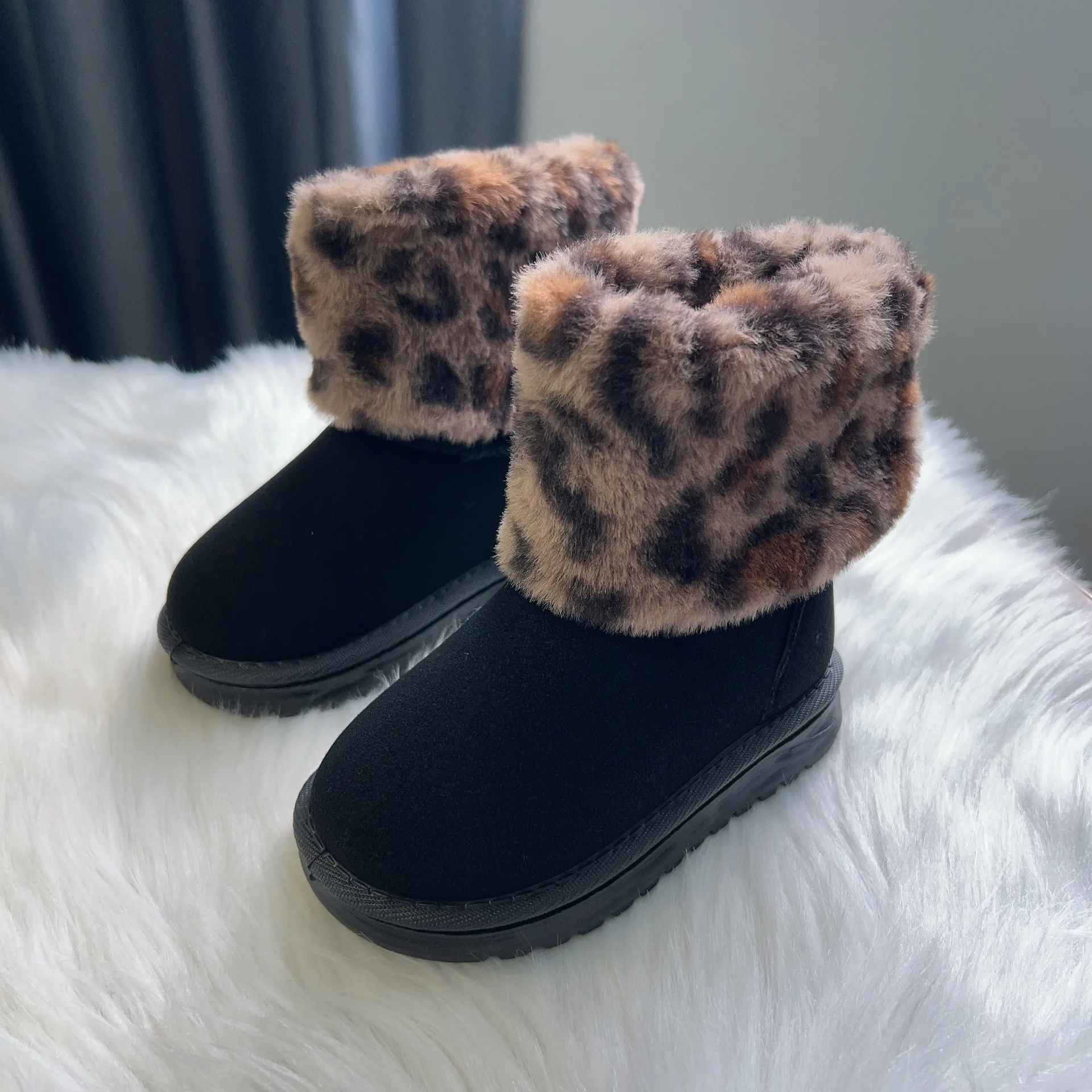 Kids'Snow Boots PU Leather Winter Fashion Outdoor Flat Thick Bottom Shoes For Children Warm Anti-slip Black BrownSize 25-36