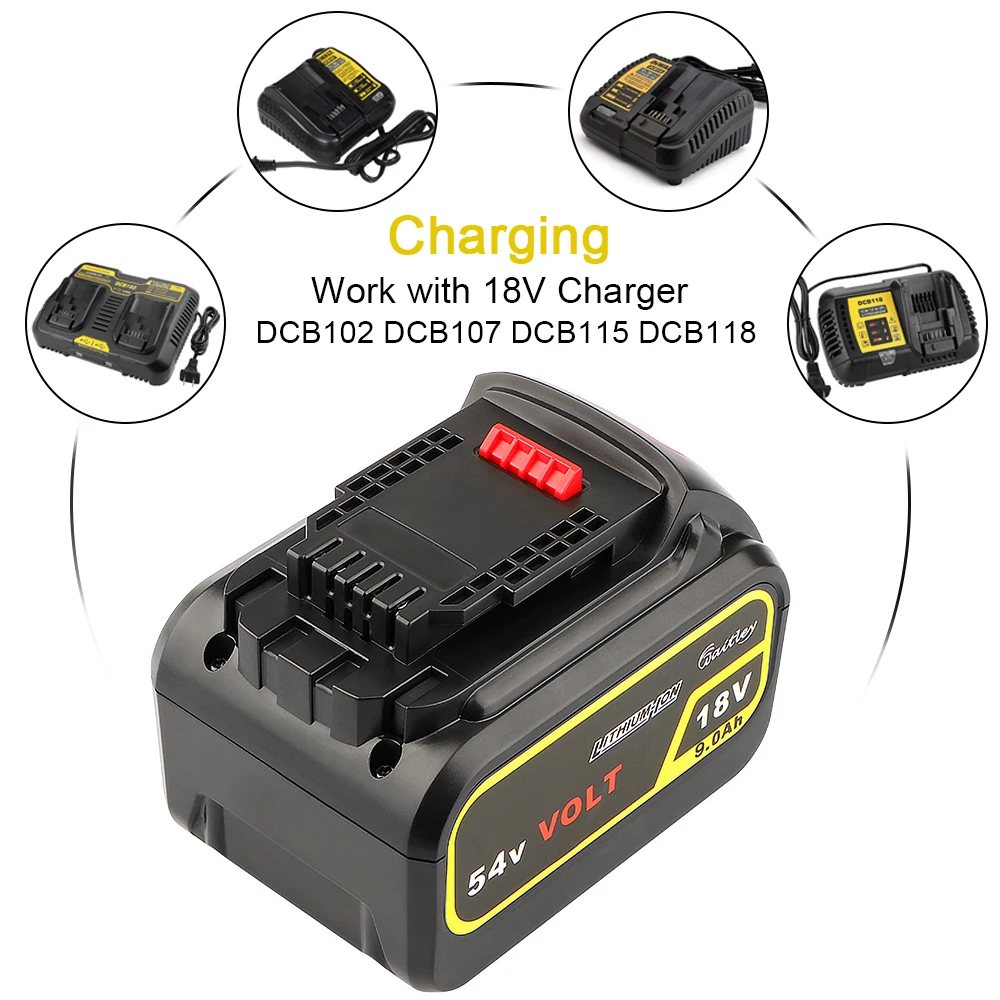 Waitley 18V 54V 9Ah 6Ah Li-Ion Battery Compatible with DEWALT 20V 60V Power Tools 20 Volt DCB606 Lithium Battery