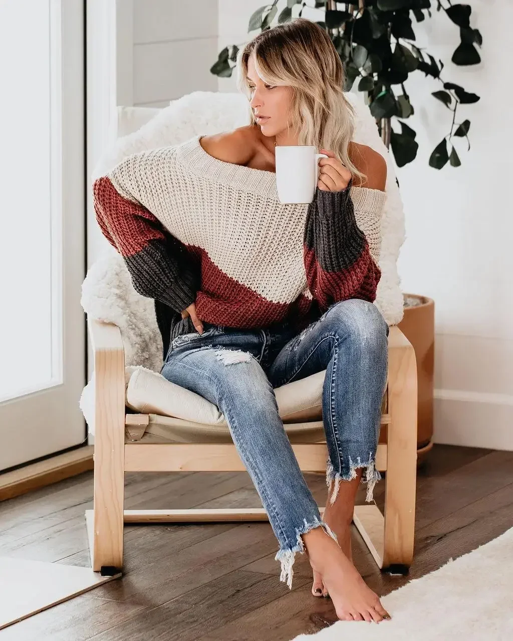 Off Shoulder Knit Sweaters Color Block Women Fashion Casual Pullovers Female Long Sleeve Tops Ladies Clothes Autumn Winter