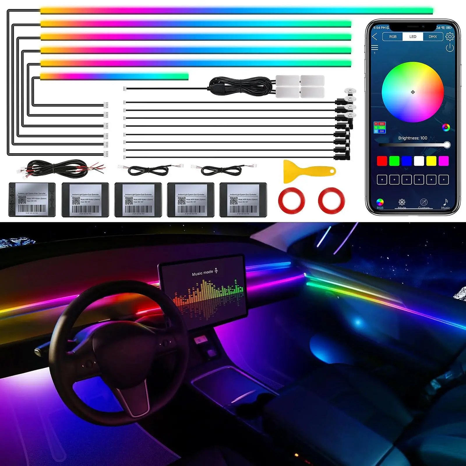 

18 в 1 RGB Symphony Автомобильное окружающее освещение Внутренний светодиодный комплект Двухзонная акриловая лента 213 цвета Современное управление музыкой Синхронизация Неоновый свет