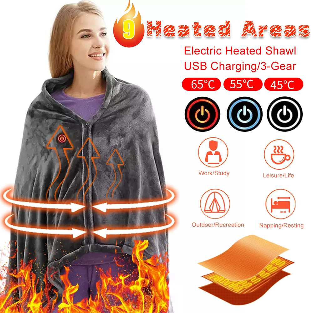 

USB Heated Blanket Heated Blanket Shawl 3 Heating Level Wearable Electric Blanket Fast Heating 9 Heated Areas for Autumn Winter