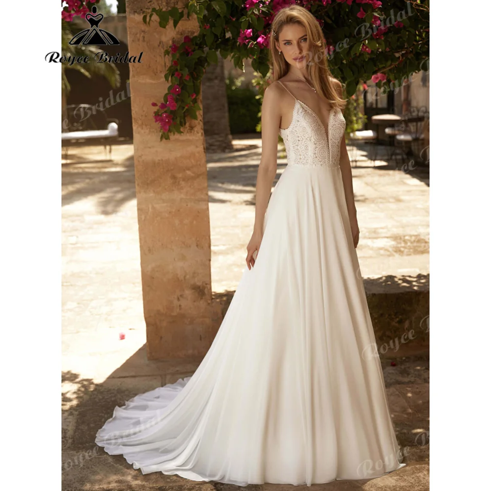 2027 Spaghetti Straps Boho Wedding Dress V‑Neck Crochet Lace Chiffon A‑Line Low Back Court Train Vestido De Novia Customized