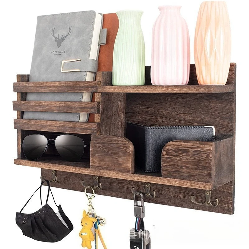 Multifunctional Wooden Wall Storage Rack Entryway Key Coat Hanger Decorative Shelf for Glasses Sundries
