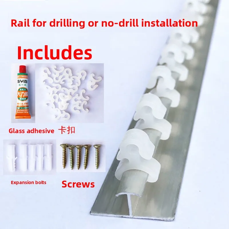 

High-End Crystal Beaded Curtain Sliding Tra Aluminum Alloy T-Tra Hanging Rod Clip Door Curtain Pole No Drilling Required