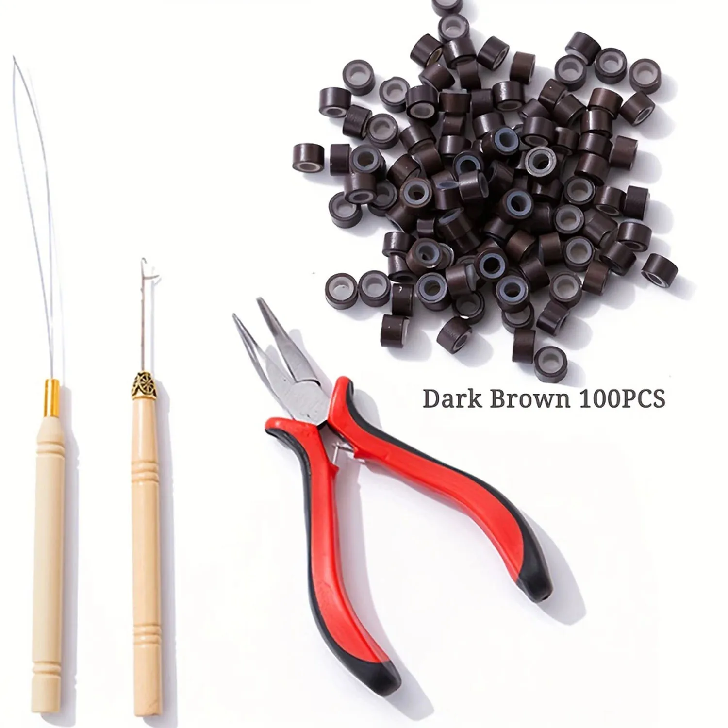 Kit de herramientas para extensiones de cabello, alicates para extensiones de cabello con punta I, gancho para tirar, dispositivo de cuentas, kits de herramientas y 100 Uds., microeslabones de 5 mm, cuentas de anillos
