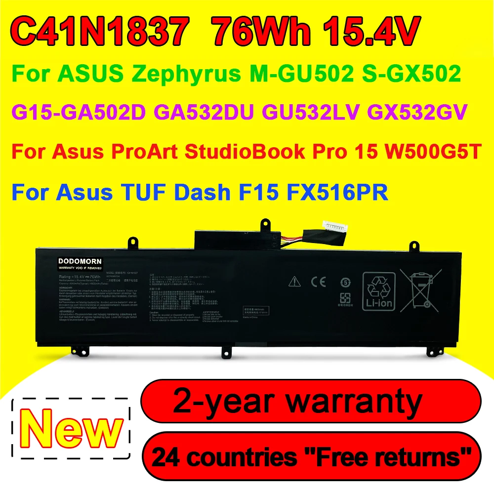 C41N1837 Laptop Battery For ASUS ROG Zephyrus M GU502 GU502GV GU502DU,S GX502 GX502GW, G15 GA502D GA502DU,TUF Dash F15 FX516PE