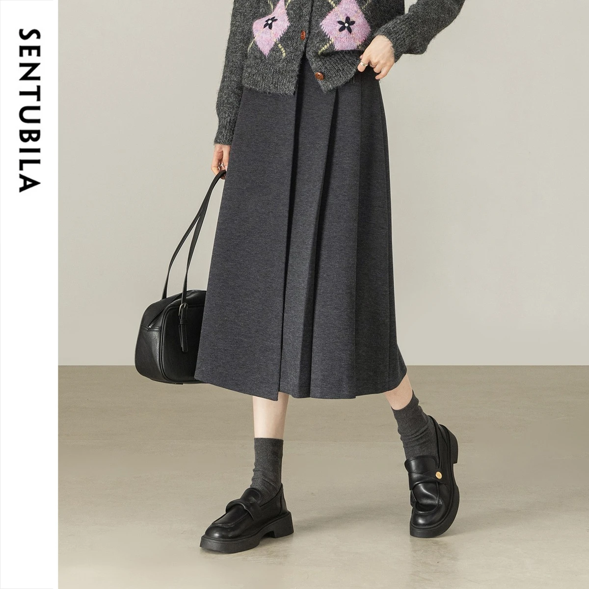 SENTUBILA Women Grey Skirt 2026 Winter Wool Blend Commuter Press Pleated Slim Fit Midi Skirt Warm Elegant Clothes 154QB4852