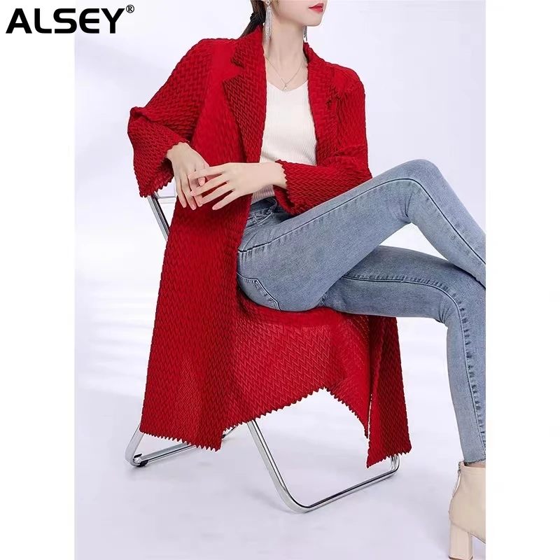 

Женский плиссированный тренчкот ALSEY Miyake, длинное осеннее пальто с отложным воротником и волнистым узором