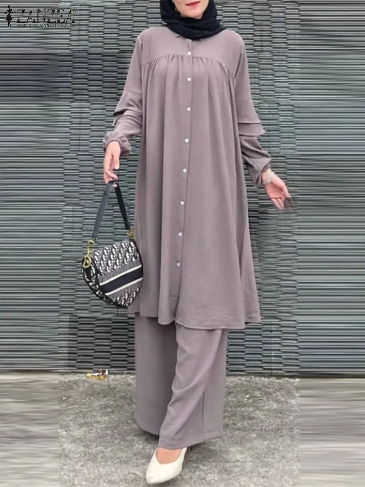 

Fashion Suit 2023 ZANZEA Women Solid Long Shirt Muslim Abaya Female Blouse & Trousers Fashion Matching Sets Femme Tracksuits