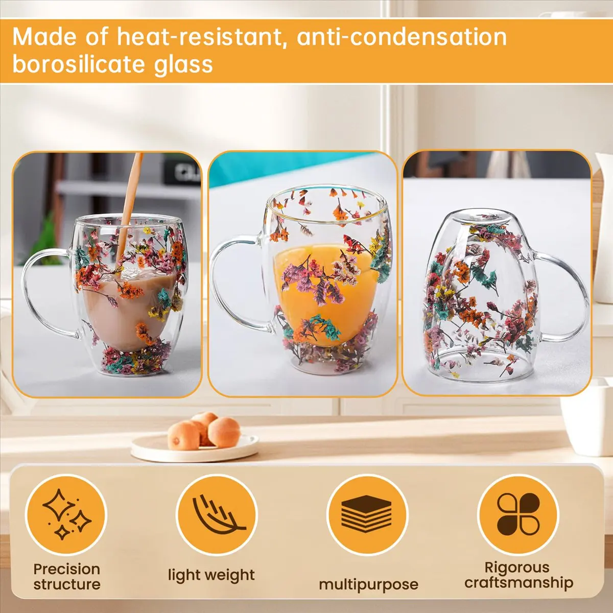 ABJS 2PCS Fillings Dry Flowers Double Wall Glass Cup with Handle Heat Hot Cold Beverage Tea Coffee Insulated Mug