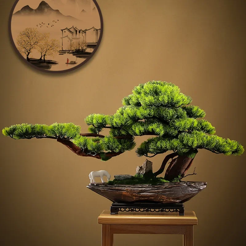 New Chinese Style Simulation Green Plant Living Room Porch Office Desktop Decoration Guest Greeting Pine Plant Bonsai Ornaments