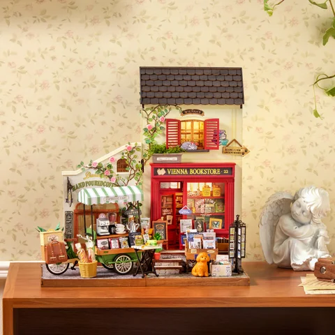 Rolife Wooden 3D Puzzle DIY Miniature House Kit Vienna Bookstore & Aromatic Coffee Cart Model Building Kit with LED Light for Home Decor Gift for Adults Teens