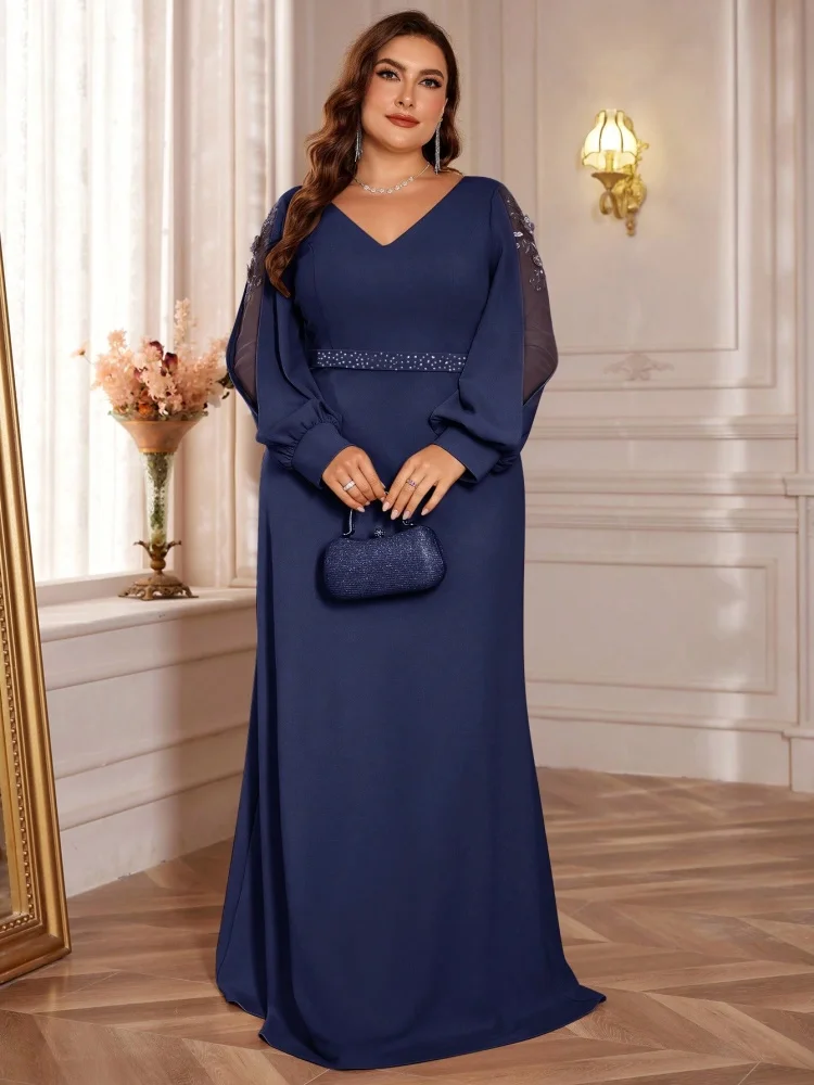 Abiti da sera formali con paillettes applicati a maniche lunghe blu con scollo a V di lusso taglie forti Abiti da cocktail maxi per feste di nozze con scollo a V da donna