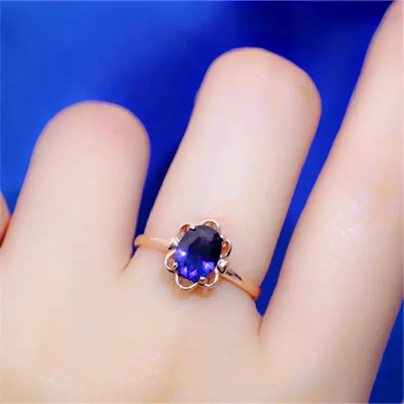 Plated 14K Rose Gold Inlaid Sapphire Flower Rings for Women Open Elegant High End Engagement Party Jewelry