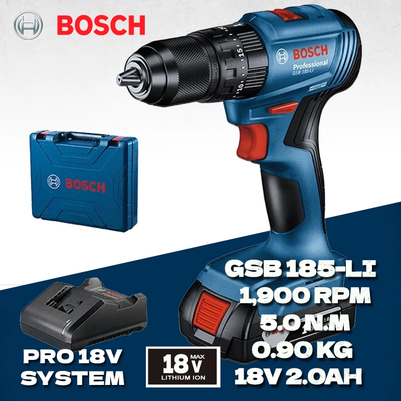 BOSCH Brushless Cordless Impact Drill Set GSB185-LI Electric Screwdriver Driver 18V Rechargeable Bosch Professional Power Tool