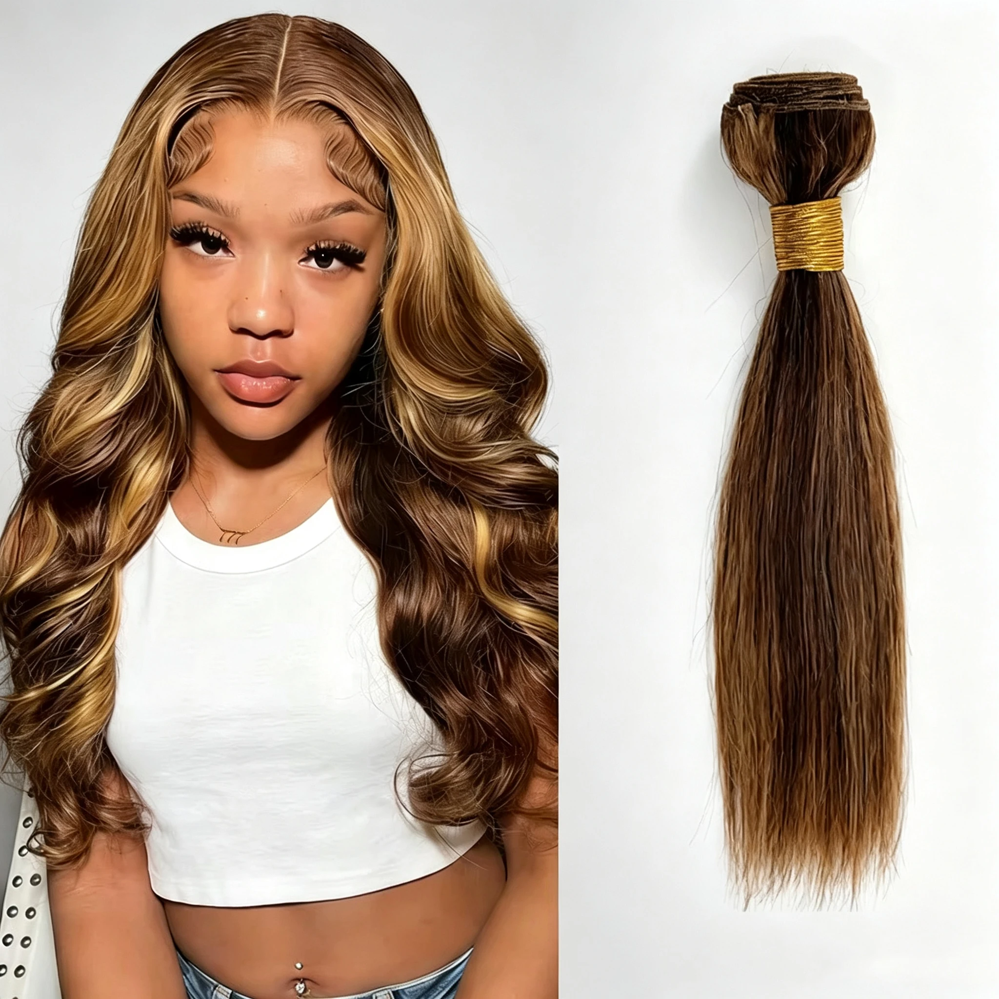 100% Brazilian Human Hair Bundles 4P27 Color Highlight Straight Double Weft Tangle-Free Extensions for Women, Adds Hair Volume