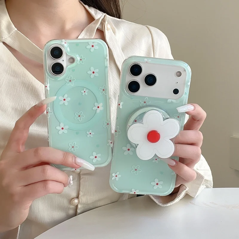 

Ins Line Little Flower Green Magnetic Phone Case For iPhone 17 Pro 15 14 16 Pro Max Cover with Stand Cute Shockproof Cases For M