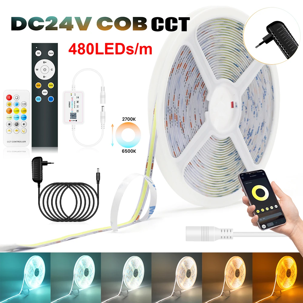 2200K 3000K 4000K 6000K 8000K CCT COB LED Strip Light 480LEDs/m 17Key 12Key Bluetooth Remote EU/US/UK/AU Power Kit 24V 0.5m 10m