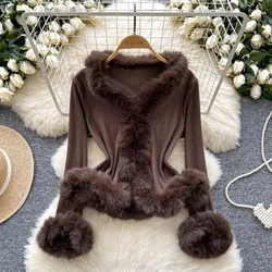 Vintage Plush Collar Spliced Knit Basics Long Sleeve Slim Top French Fashion Streetwear Women High Street Autumn Winter Clothing
