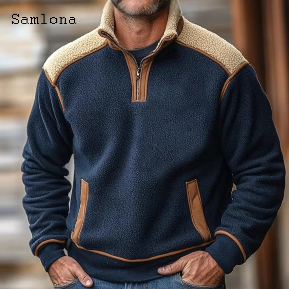 

Осень-зима 2024, модный лоскутный свитшот на молнии, большие размеры, мужские плюшевые топы с длинными рукавами, базовый пуловер с воротником-стойкой, новый